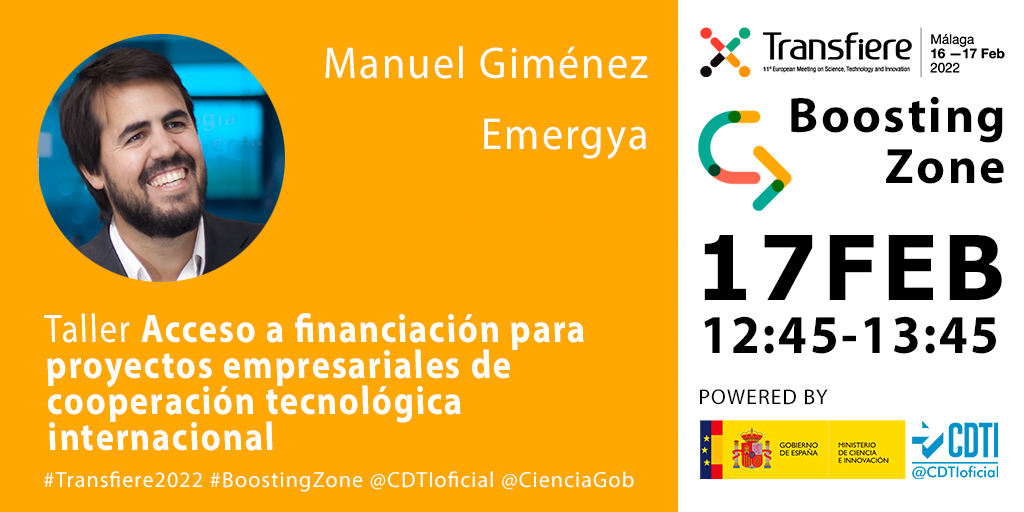 CDTI_innovacion's tweet photo. 📣Manuel Giménez de @emergya participará en el Taller de la #BOOSTINGZONE de #Transfiere2022: "Cómo acceder a financiación de proyectos empresariales internacionales de #CooperaciónTecnológica". ‼️ No te lo pierdas 👇
🗓️17FEB-12:45h.
📍@FYCMA. Málaga
➡️https://t.co/NKcqvhSS27 https://t.co/4JmGlPaKEl