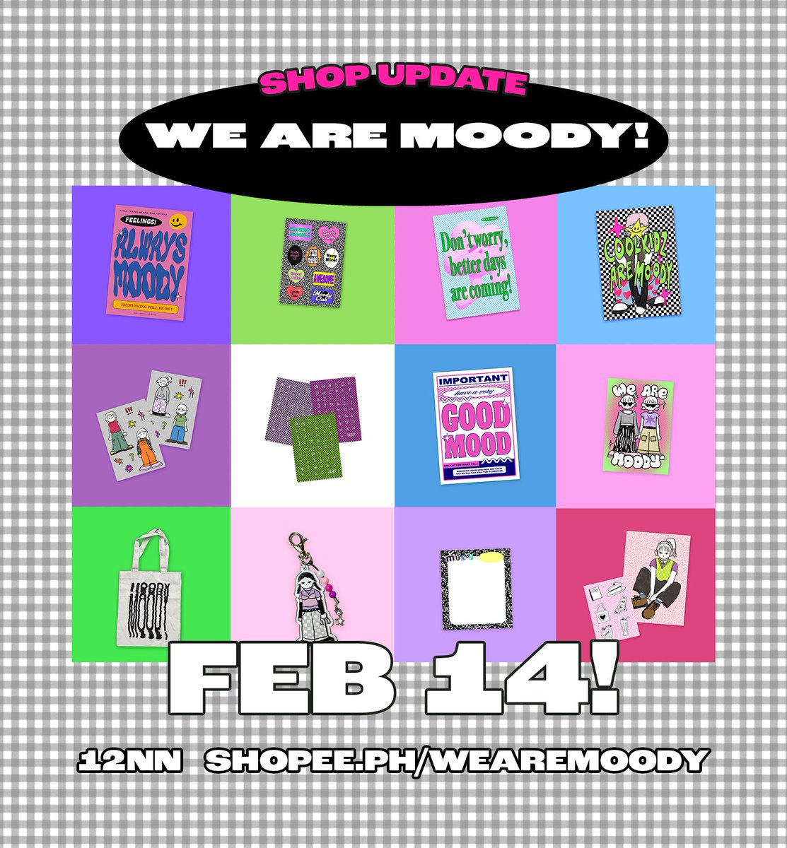 *️⃣ SHOP UPDATE ☻
— new + restocked items! 

📓 02/14 [12 NOON]
shopee.ph/wearemoody 

#moodyupdatez