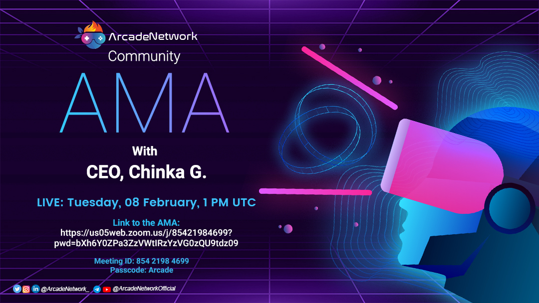 ArcadeNetwork_'s tweet photo. 🕰 Few hours to go!

🎊 Ask all you want about ArcadeNetwork's upcoming launches in this special Community AMA. 

🕒 When: Tuesday, 08 February, 1 PM UTC 

▶️ Link to the AMA: https://t.co/1oJlQtJmcs

Meeting ID: 854 2198 4699
Passcode: Arcade

#gaming #gamingcontent #nft #AMA https://t.co/vxarfJXIPe