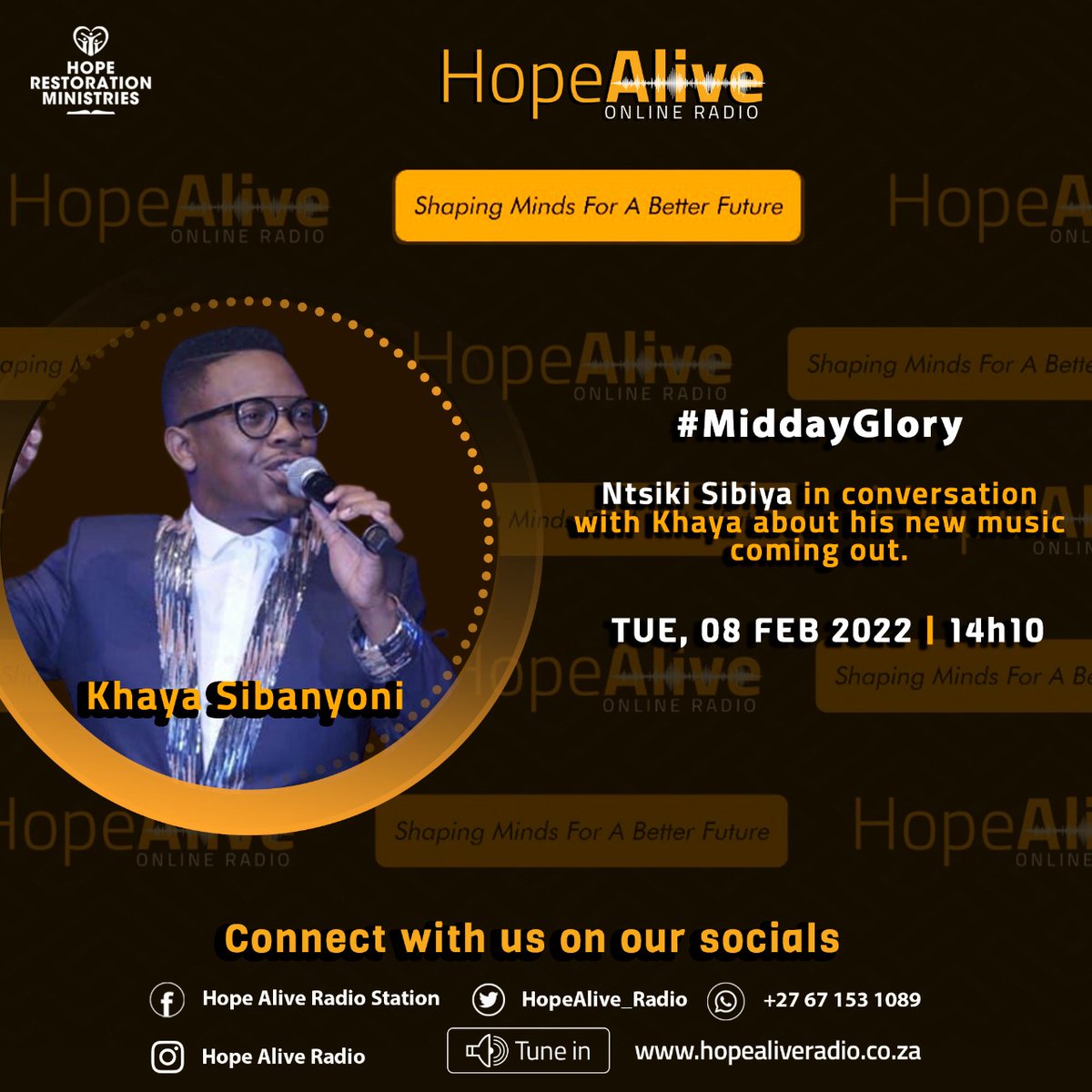 HopeAlive_Radio's tweet photo. Catch Khaya Sibanyoni on the #MiddayGlory as we chat about his new single coming out.
What is the most annoying thing a visitor has done at your house? comment below
#HopeAliveRadio
#MiddayGlory https://t.co/ackzGZWnz9