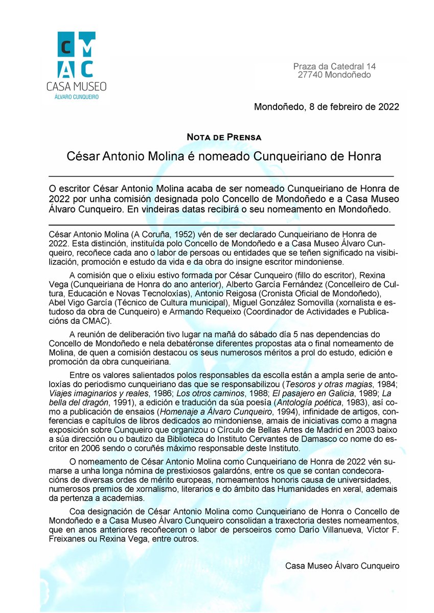 armandorequeixo's tweet photo. Dende a Casa Museo Álvaro Cunqueiro e o Concello de Mondoñedo unha comisión designada ao efecto vén de nomear a César Antonio Molina Cunqueiriano de Honra de 2022. Parabéns ao galardoado e benia sempre á memoria do escritor mindoniense #cunqueirianodehonra https://t.co/Gz6bhCnVgL