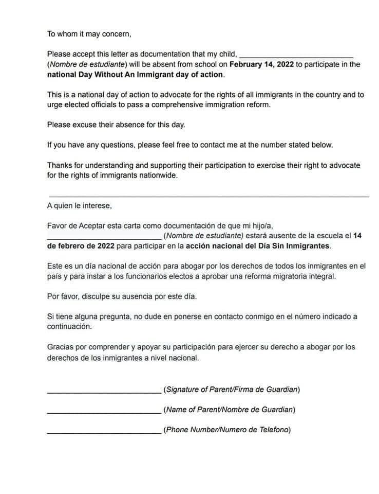 vigil4democracy's tweet photo. Esta es la carta que pueden usar para excusar a sus hijos de la escuela el 14 de Febrero.

This is a letter you can use to excuse your children from school on February 14.

#ADayWithoutImmigrants #UnDiaSinInmigrantes
@cespina1998 @Re4mImmigration https://t.co/Xv1of1XLy0