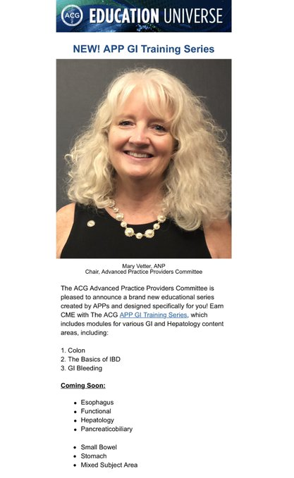 Mary Vetter, NP (@maryvetternp) on Twitter photo 📣APP GI Training Series <a href="/AmCollegeGastro/">ACG</a> 📣
🌟Excellent #gastroenterology resource created by APP's for APP's 
🆕For all who want to learn more about GI/Hepatology
✅Check out available modules: Colon, IBD, GIB
🧐Earn CME 
➡️More coming soon! #ACGfamily #gastroAPP #GIcommunity 📣APP GI Training Series <a href="/AmCollegeGastro/">ACG</a> 📣
🌟Excellent #gastroenterology resource created by APP's for APP's 
🆕For all who want to learn more about GI/Hepatology
✅Check out available modules: Colon, IBD, GIB
🧐Earn CME 
➡️More coming soon! #ACGfamily #gastroAPP #GIcommunity