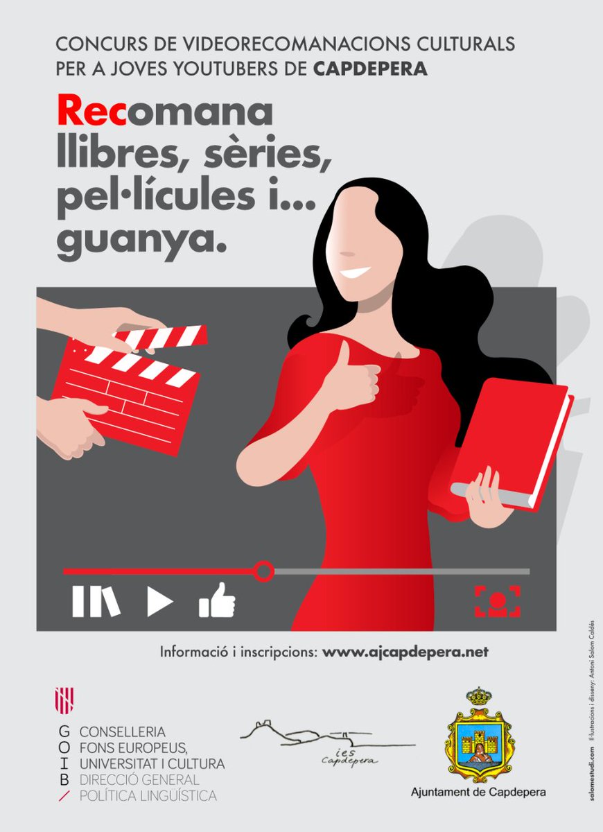 🔴 🎥  I CONCURS DE VIDEORECOMANACIONS CULTURALS PER A JOVES YOUTUBERS DE CAPDEPERA.

Bases: my.mtr.cool/ldjaybwdvik
Més informació: SAL Capdepera 682346143

#JovesCapdepera 
#Videorecomanacions2022
<a href="/goib/">Govern de les Illes Balears</a> <a href="/FonsGoib/">Fons Europeus, Universitat i Cultura_goib</a> <a href="/baulesdellengua/">Baules de Llengua</a> <a href="/IESCapdepera/">IES Capdepera</a>