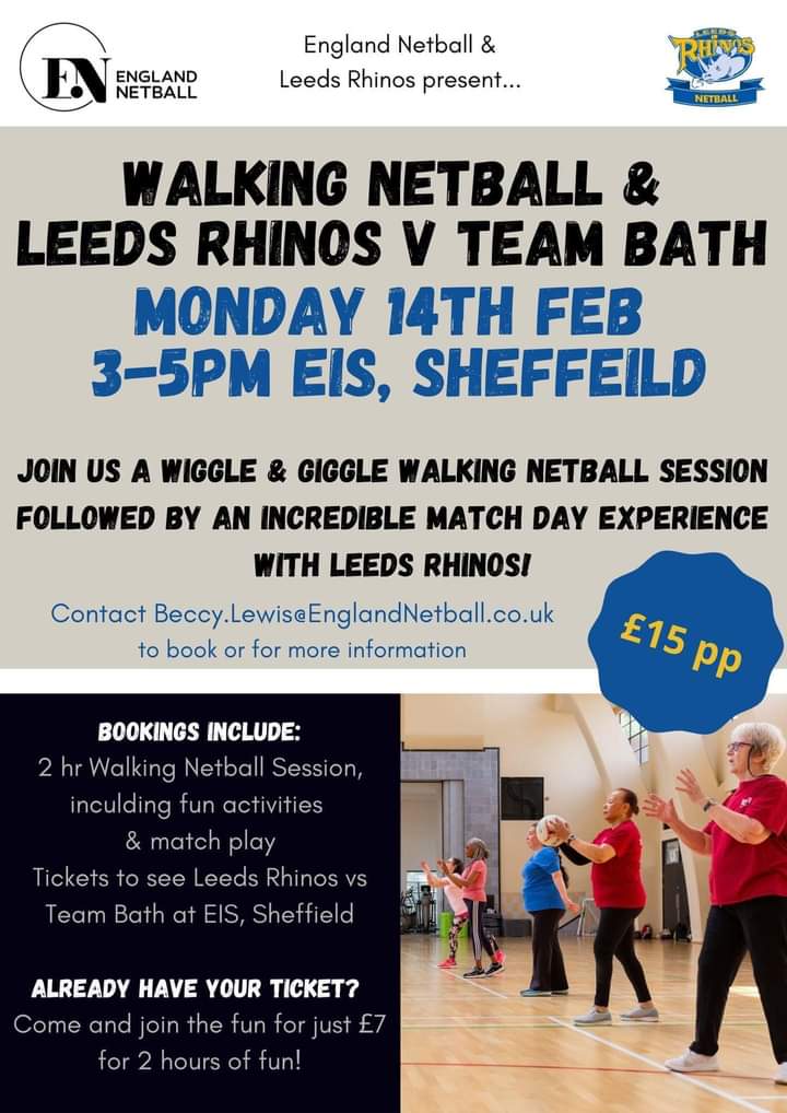 ❗Calling Yorkshire Walking Netballers ❗️
Wiggle🕺🏼, Giggle 😆 and Superleague Experience 🏐
Join the fun in a Walking Netball session and watch our very own Leeds Rhinos Netball v Team Bath Netball in their first home game of the season!
