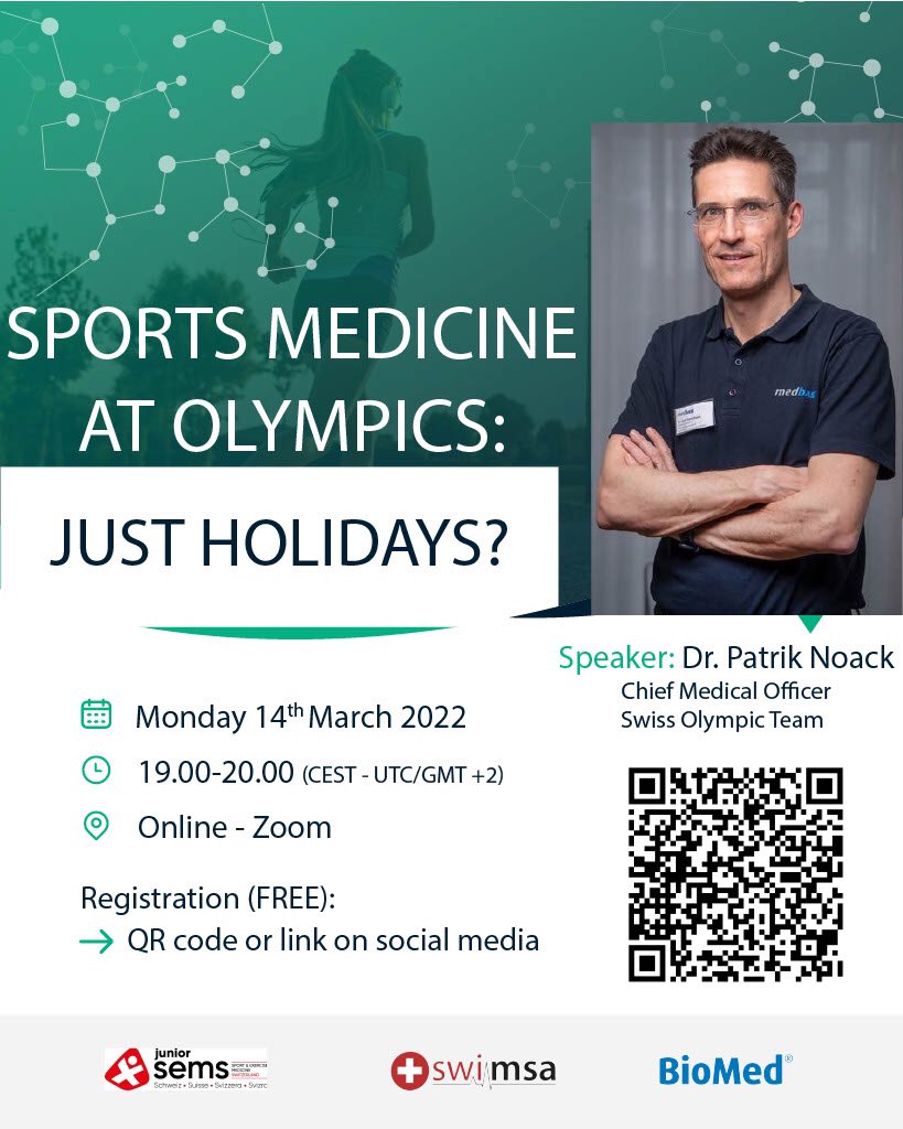 Next online Event coming soon !

Topic: « Sports Medicine at big events like Olympic Games - just holidays? »

Date: Monday 14th March 2022
Time: 19.00-20.00 (CET - UTC/GMT +1)

Registration: docs.google.com/forms/d/e/1FAI…