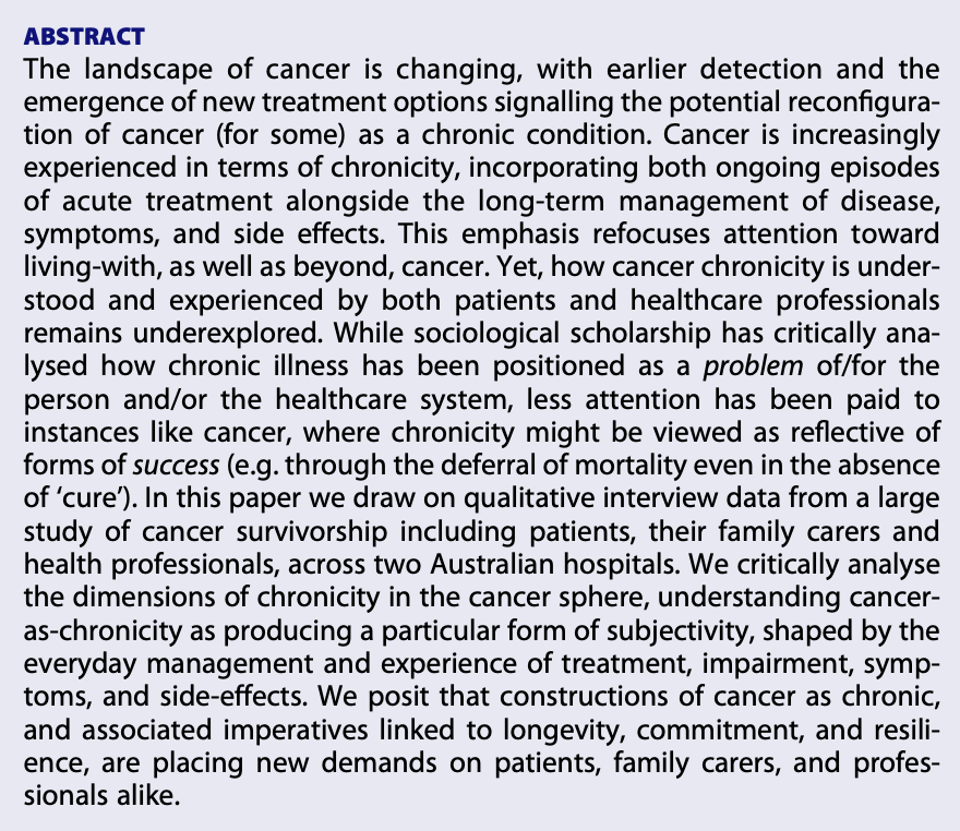 Chronicity in/and cancer: a qualitative interview study of health professionals, patients, and family carers by @DrEmmaKirby, @kennykatherine, @BroomAlex & @zarnielwin doi.org/10.1080/095815…