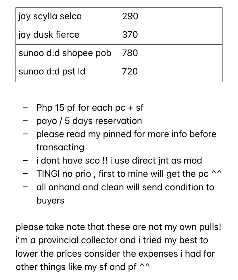 O2ENHA's tweet photo. 𓂋 #cloudbentables 

✷ wts lfb ph — decluttering sale! 

— sunoo d:d shopee pob, d:d pst ld - jay scylla selca, jay b:do dusk fierce
— selling as TINGI (see pic below for info) 

dm me or reply mine ^^ 

#. wts lfb sunoo jay dimension dilemma border day one powerstation https://t.co/UNKWK2nLak