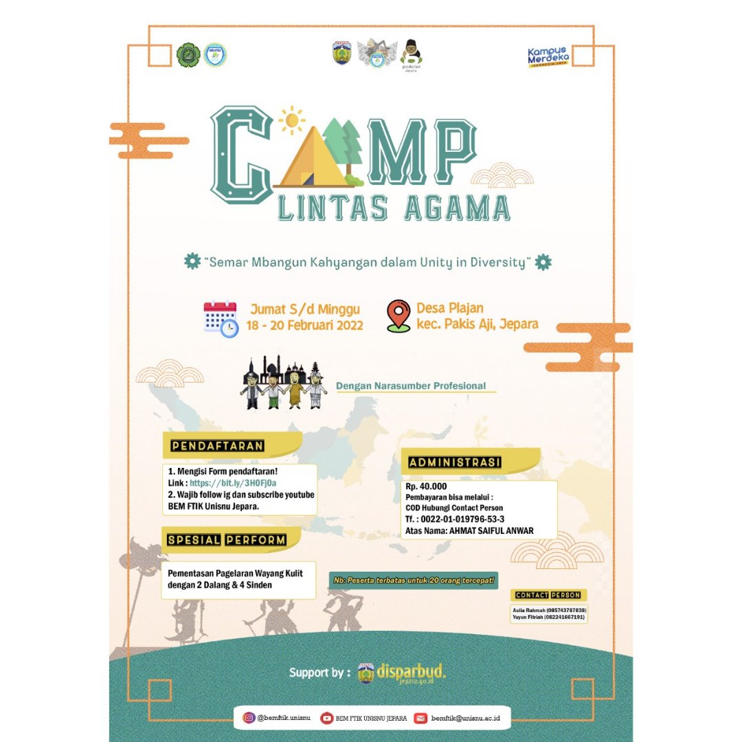 KGDjepara's tweet photo. Halo kalian yang suka nge-camp dan tertarik isu keberagaman. Join kegiatan menarik dan keren ini. Peserta terbatas loh. Daftar di

https://t.co/NL5UOztLuQ

Narahubung :
0857-4378-7838 (Aulia)
0822-4166-7191 (Yuyun)

#Jepara
#bedasetara
#unityindiversity
#unisnujepara
#gusdurian https://t.co/BBLmQbIWVt