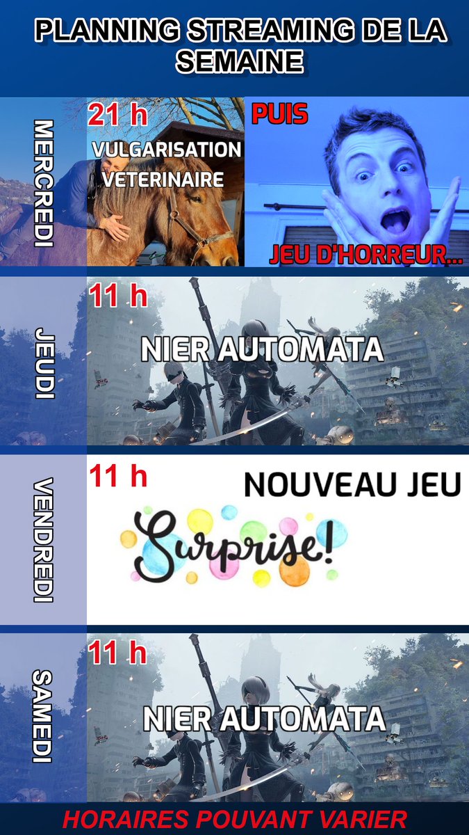 emvet_'s tweet photo. Planning de la semaine !
🌟De la nouveauté🌟
Nouveau jeu🆕️, mercredi soir de l'horreur😱, bénéfices reversés à une association ❤️‍🩹
#NieRAutomata #animaux #twitchfr https://t.co/ZAqdko6V67