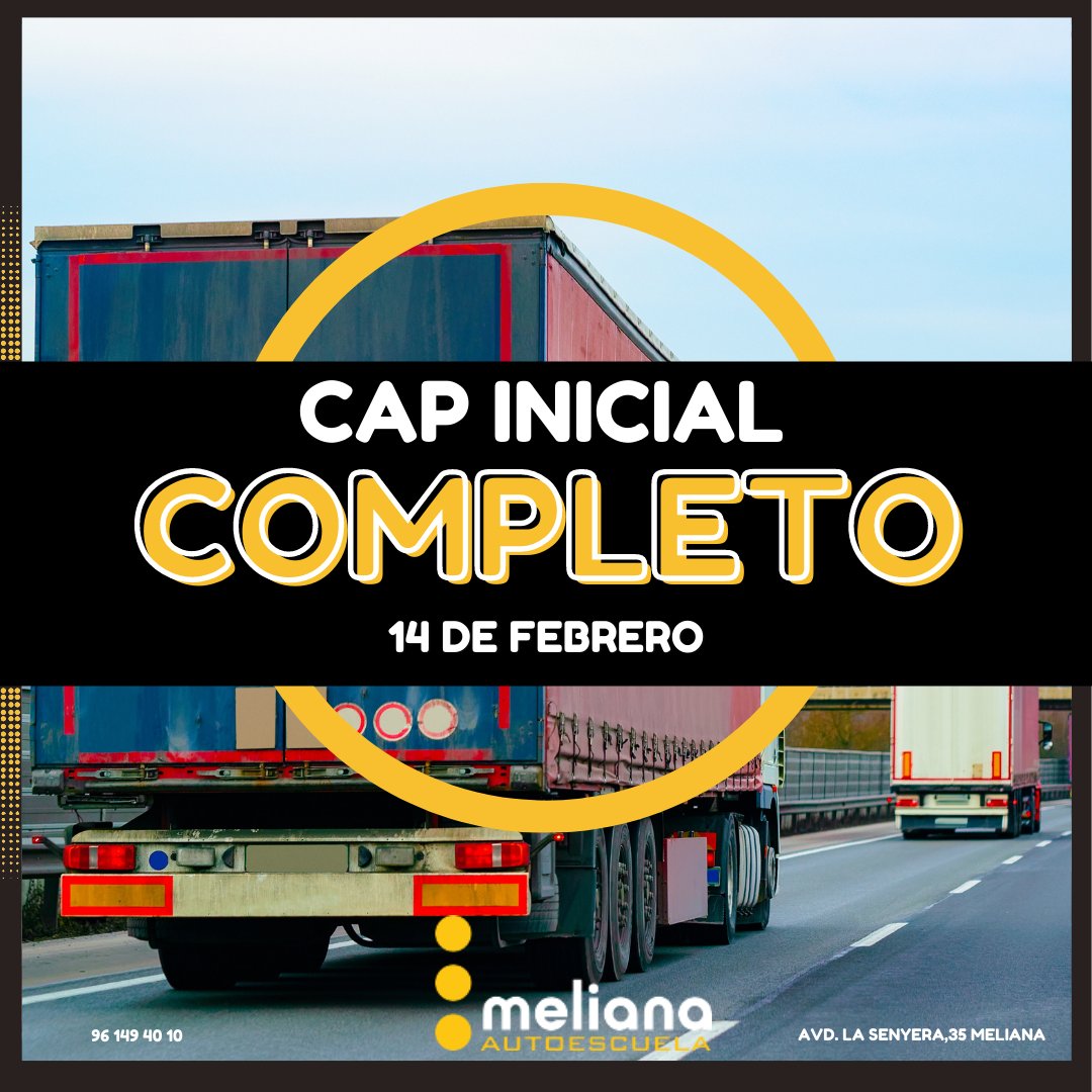 🗣¡COMPLETO!🗣

▶No quedan plazas para nuestro  Nuevo Curso de Cap Inicial  POR LAS MAÑANAS que comenzaremos el próximo lunes,  14 de #Febrero 
 
🚛𝗣𝗜𝗘𝗡𝗦𝗔 𝗘𝗡 𝗧𝗨 𝗙𝗨𝗧𝗨𝗥𝗢🚛

  96/149 40 10
📍La Senyera, 35 Meliana
autoescuelameliana.com

#autoescuela