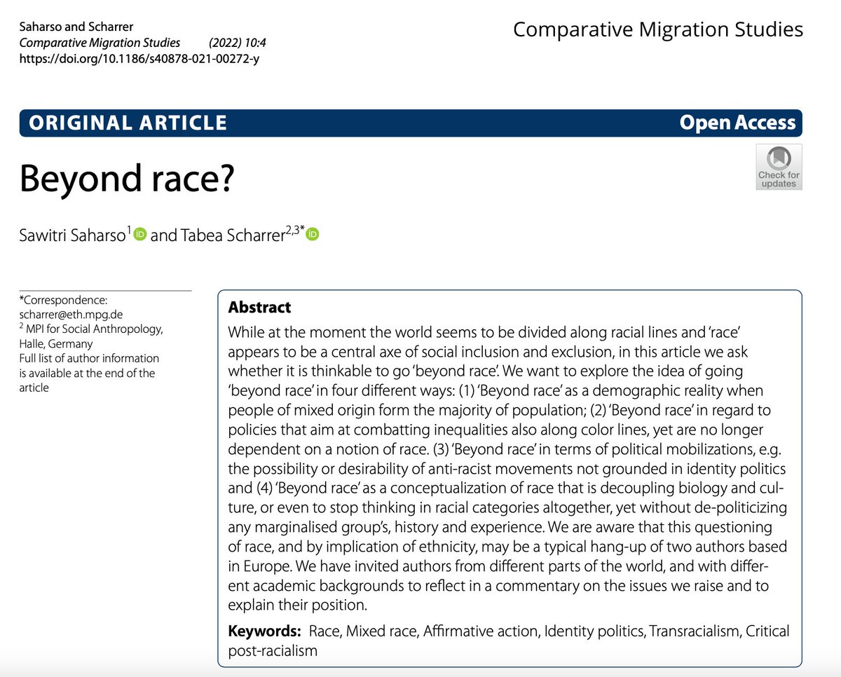 Tabea Scharrer, @tabeascharrer.bsky.social (@tabeascharrer) on Twitter photo New article in <a href="/JournalCMS/">Journal CMS</a> – in it Sawitri Saharso and I explore what ‘beyond race’ might mean in four areas: (1) changing population compositions; (2) policies combatting inequalities; (3) political mobilizations; and (4) the area of conceptualisation rdcu.be/cGAxp New article in <a href="/JournalCMS/">Journal CMS</a> – in it Sawitri Saharso and I explore what ‘beyond race’ might mean in four areas: (1) changing population compositions; (2) policies combatting inequalities; (3) political mobilizations; and (4) the area of conceptualisation rdcu.be/cGAxp