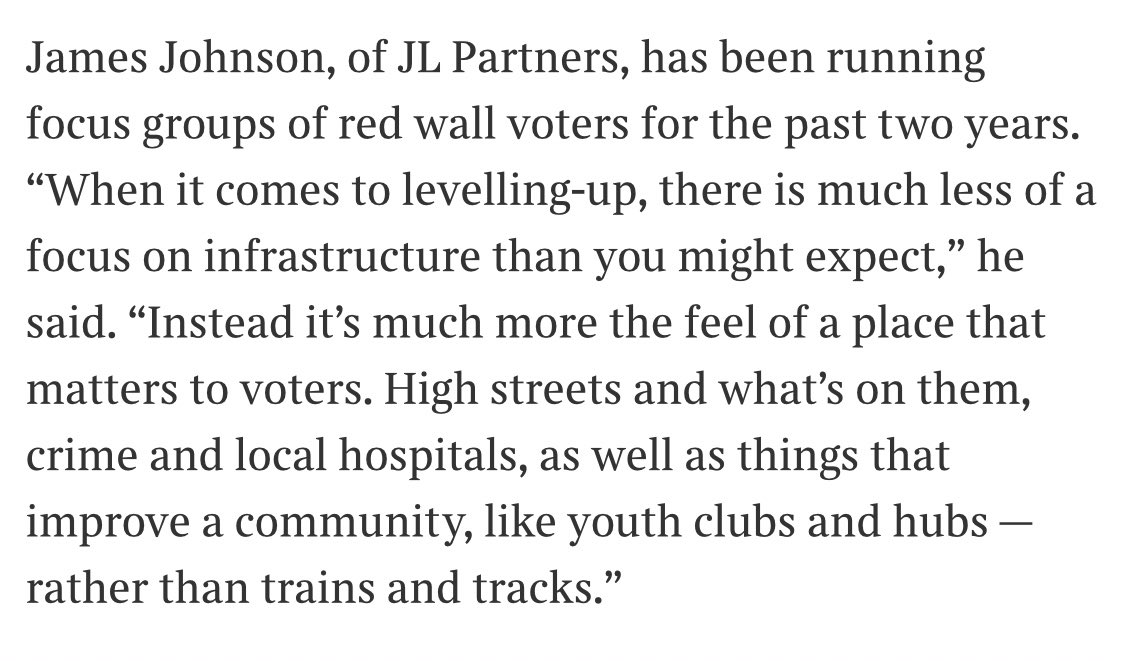 jamesjohnson252's tweet photo. Late to this, but quoted in this week’s @thesundaytimes in @tomhcalver’s piece on levelling up - about how for voters it’s more about hospitals and youth clubs than infrastructure and trains https://t.co/LrRh29eeZi https://t.co/PmUSCNzmsu