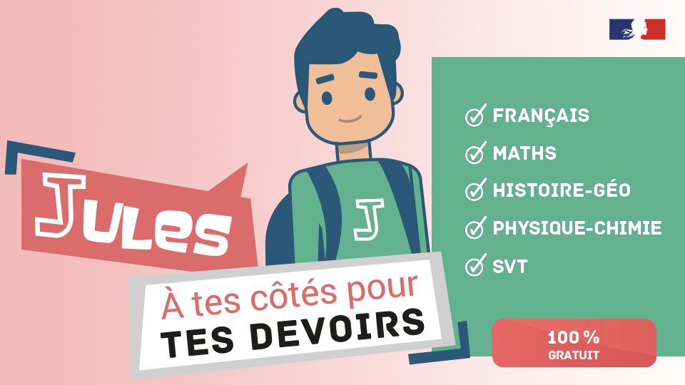 #Aideauxdevoirs : les collégiens peuvent faire appel à #JulesCNED en maths, français, histoire-géo, SVT et physique-chimie.
Déjà disponible sur certains ENT et sur jules.cned.fr
L’accès au service est libre et ne nécessite ni création de compte, ni authentification.
