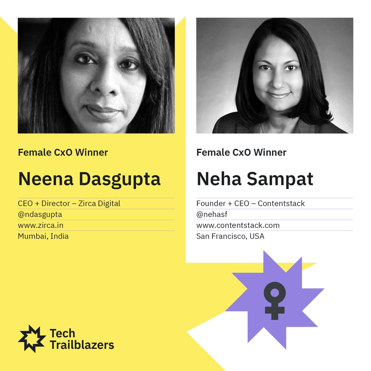 Techtrailblaze's tweet photo. #FeaturedFridays A shout out to not one, but the two 2019 Female CxO Trailblazers @ndasgupta & @nehasf! Check out Neena's #FoundersOnFire podcast at https://t.co/oTcx5YZBR2 & Neha's thoughts in the #TTawards #diversity panel at https://t.co/gEEx1yzv1W
#leadership #womenintech https://t.co/6f4QHENd7u