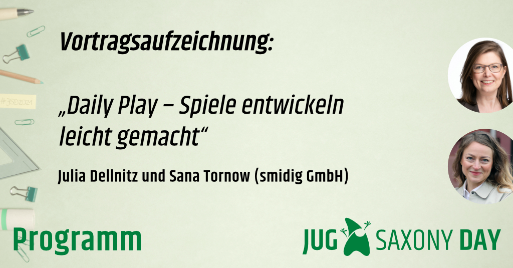 JUG Saxony (@jugsaxony) on Twitter photo Die nächste Vortragsaufzeichnung vom JUG Saxony Day 2021 ist online: Julia Dellnitz (<a href="/learnical/">Julia Dellnitz</a>) und <a href="/SanaTornow/">Sana Tornow</a> zum Thema „Daily Play – #Spiele entwickeln leicht gemacht“.
Zum Video: jug-saxony-day.org/vortragsrankin…
Viel Spaß beim Anschauen!
#JSD2021 #ITinSachsen #ITKonferenz #games Die nächste Vortragsaufzeichnung vom JUG Saxony Day 2021 ist online: Julia Dellnitz (<a href="/learnical/">Julia Dellnitz</a>) und <a href="/SanaTornow/">Sana Tornow</a> zum Thema „Daily Play – #Spiele entwickeln leicht gemacht“.
Zum Video: jug-saxony-day.org/vortragsrankin…
Viel Spaß beim Anschauen!
#JSD2021 #ITinSachsen #ITKonferenz #games