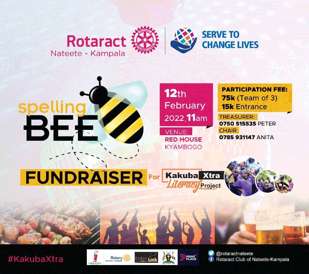rotaractnateete's tweet photo. Counting down days to the Nateete Spelling bee fundraiser event happening this Saturday 12th February 2022 at Redhouse Kyambogo! We need your support 🤲. Tickets are still available for sale;15k individual and 75k group of 3, reach out to @ojwangpete 0750515535. 
#TheHardNats https://t.co/DjOpEp2DTW