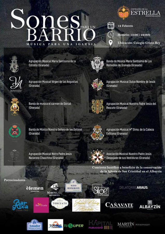 LlamadorGranada's tweet photo. 🔴Este sábado, concierto solidario para restaurar la iglesia de San Cristóbal, sede de @Pasionyestrella 

🎼 Participan @AMEstrellaGR @BMRemediosgr @amdulcenombre @BMDolores @amrescate @DespojadoGR @agruchauchina @AMExfiliana @bandaelcarmen @AMVAngustias https://t.co/4ZB7hZtaRw