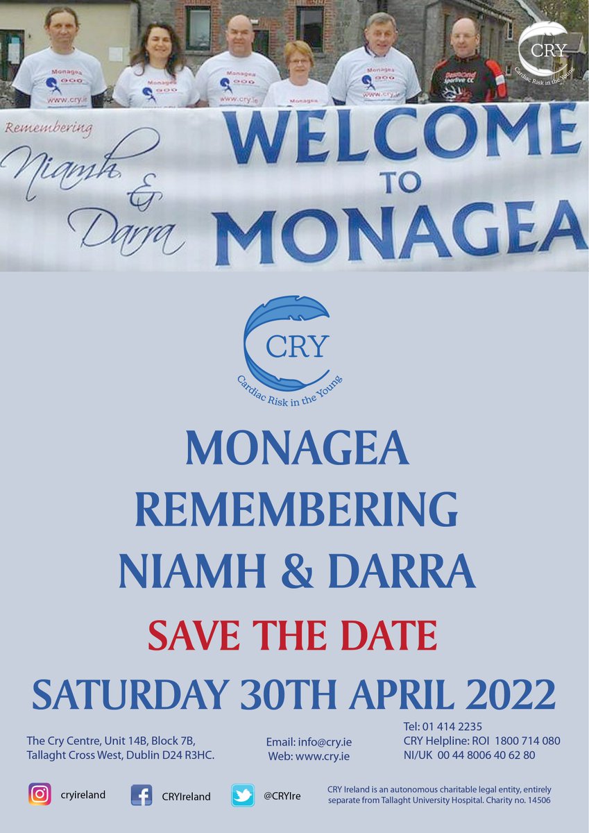 CRYIre's tweet photo. Ⓢⓐⓥⓔ ⓣⓗⓔ Ⓓⓐⓣⓔ
                                        
We’re delighted to announce that Monagea – Remembering Niamh and Darra is back for '22!                                                        

𝕊𝕒𝕥𝕦𝕣𝕕𝕒𝕪 𝟛𝟘𝕥𝕙 𝔸𝕡𝕣𝕚𝕝

More to follow; Check back in! https://t.co/QIvhsWsOai