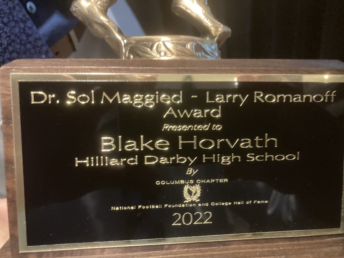 Congratulations to Blake Horvath for receiving the Dr. Sol Maggied-Larry Romanoff Award last night from the National Football Foundation! What an amazing accomplishment and honorable organization. <a href="/HorvathBlake/">Blake Horvath</a> <a href="/Hilliard_Darby/">Hilliard Darby HS</a> <a href="/PJVolker/">PJ Volker</a> <a href="/NavyFB/">Navy Football</a>
