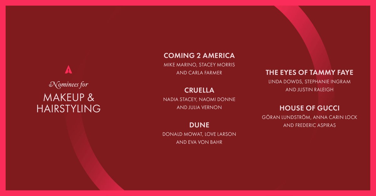 TheAcademy's tweet photo. Last looks are done. Here are the nominees for Makeup &amp; Hairstyling… #Oscars https://t.co/ocWLFQYGdU