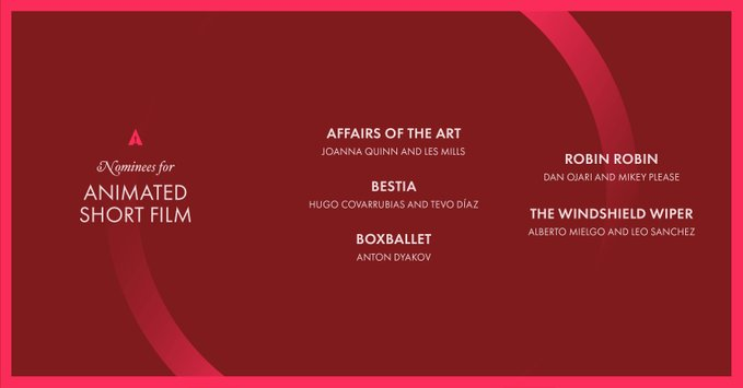 silverscreenin's tweet photo. The nominations for Animated Short Film are - #AffairsOfTheArt, #Bestia, #BoxBallet, #RobinRobin and #TheWindshieldWiper.
#Oscars | #OscarNoms https://t.co/Ay5xnHztOo