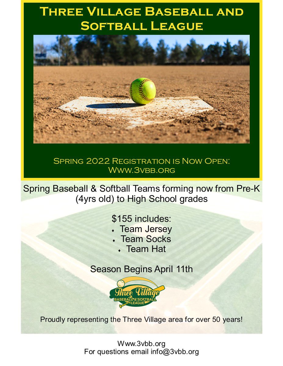 3VillageBB's tweet photo. Registration for 3VBB Spring Baseball/Softball is open through March 15th.  Please visit our website https://t.co/9mn51pO0la to register.  For any questions about our season please email us at info@3vbb.org.  We look forward to the warmer weather and seeing everyone on the fields https://t.co/3JVgzS8eRv