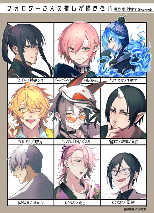 #フォロワーさんの推しが描きたい
にじさんじの方は初めましてでなっちゃん希佐ちゃん鬼灯さんは初描きでした
リクエストありがとうございました～!! 
