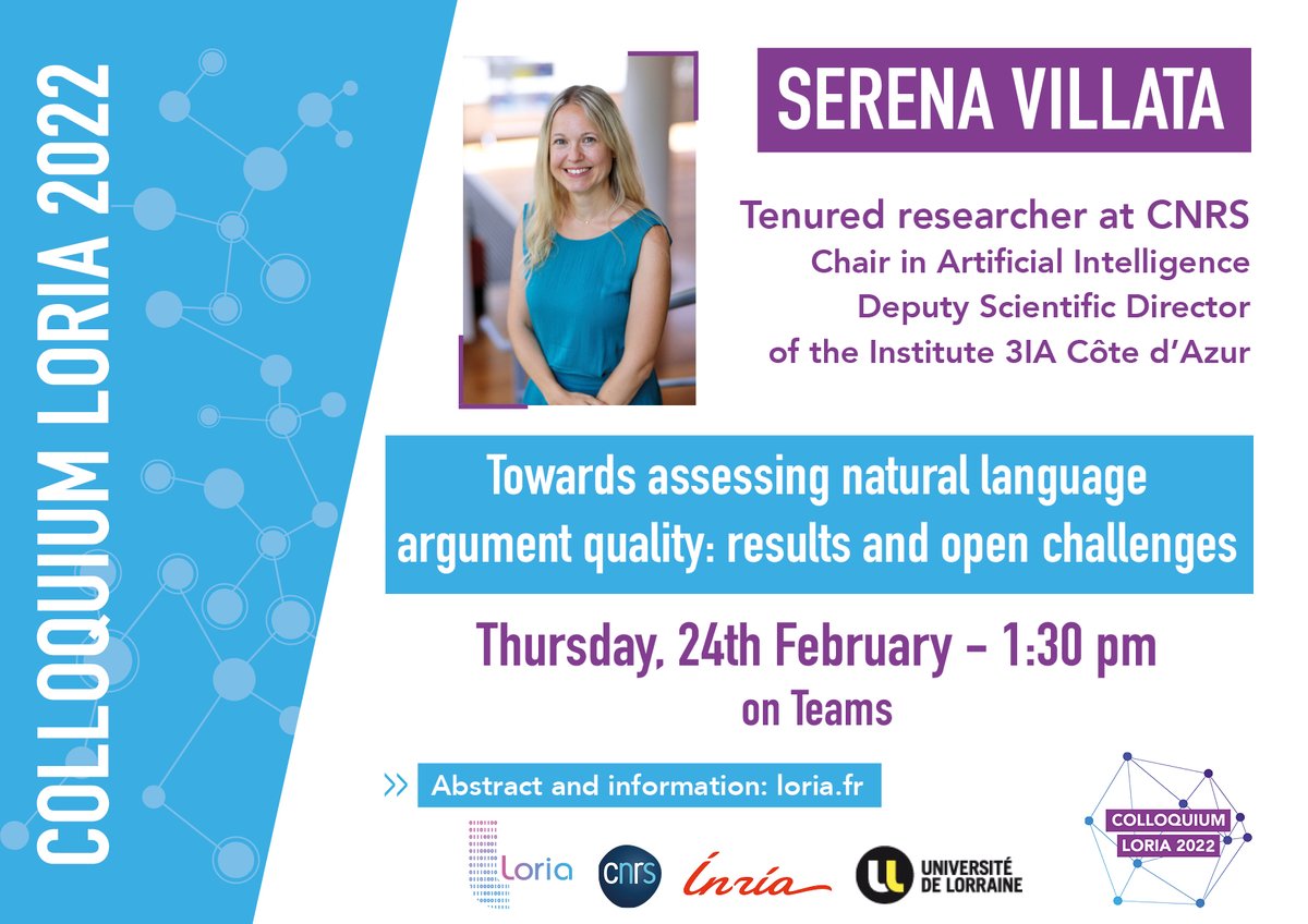 labo_Loria's tweet photo. 📌We are glad to welcome Serena Villata, @CNRS researcher at @Laboratoire_I3S and Chair in #ArtificialIntelligence for our next #ColloquiumLoria!
🗓️24/02 - on Teams
👉https://t.co/q8384jmtDv
@INS2I_CNRS @Univ_Lorraine @Inria_Nancy @CNRS_Centre_Est https://t.co/a0WlcUU7h2