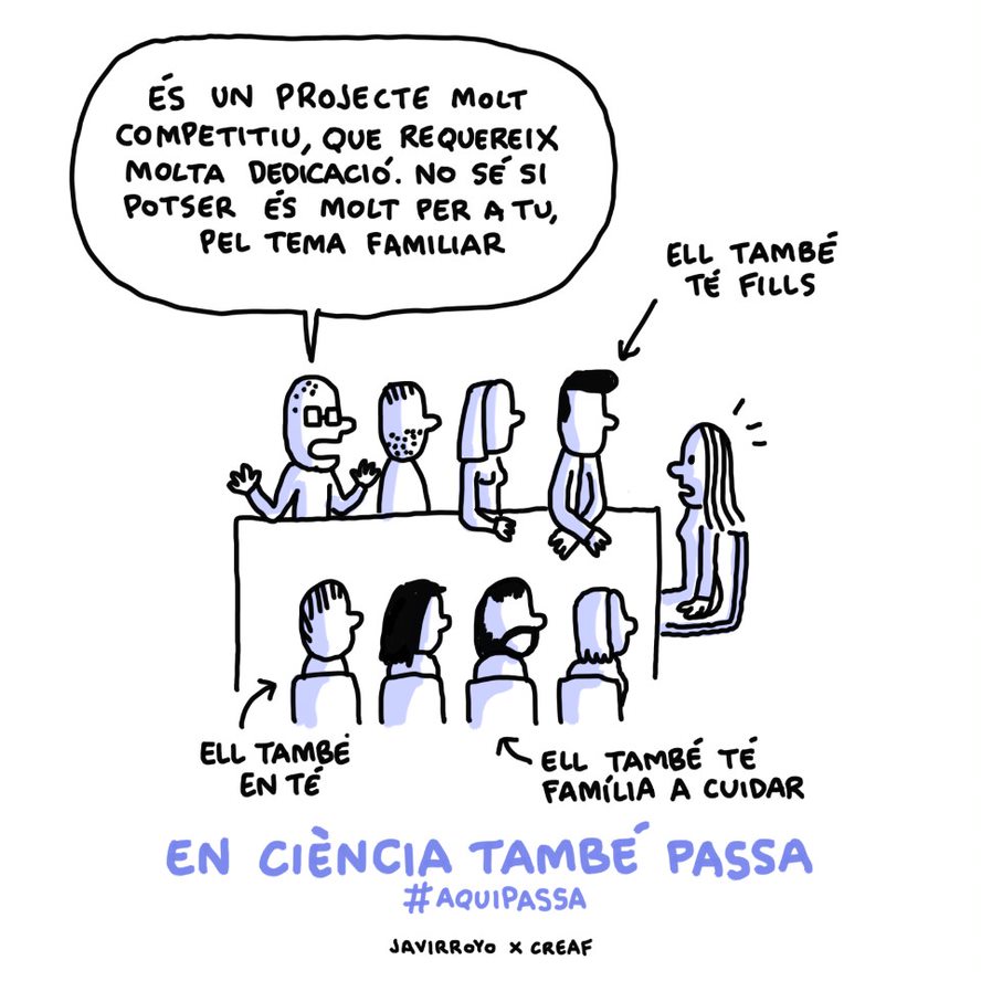 CREAF_ecologia's tweet photo. Què us sembla aquesta situació? Us sona, també? 😵‍💫 Seguim amb la campanya #aquipassa #11F amb @javirroyo per posar llum sobre les situacions inversemblants que pateixen encara les #dones en #ciència 👇 Us llegim! https://t.co/LfD3ZpGtX9