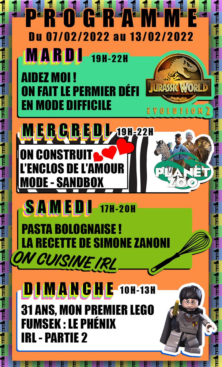 onest1_'s tweet photo. Un programme alléchant cette semaine, on va même cuisiner ! Ça commence ce soir ici : https://t.co/74LphaToBf
#twitchfr #JurassicWorldEvolution2 #planetzoo #pasta #simonezanoni #LEGO #HarryPotter https://t.co/pyY02050JT
