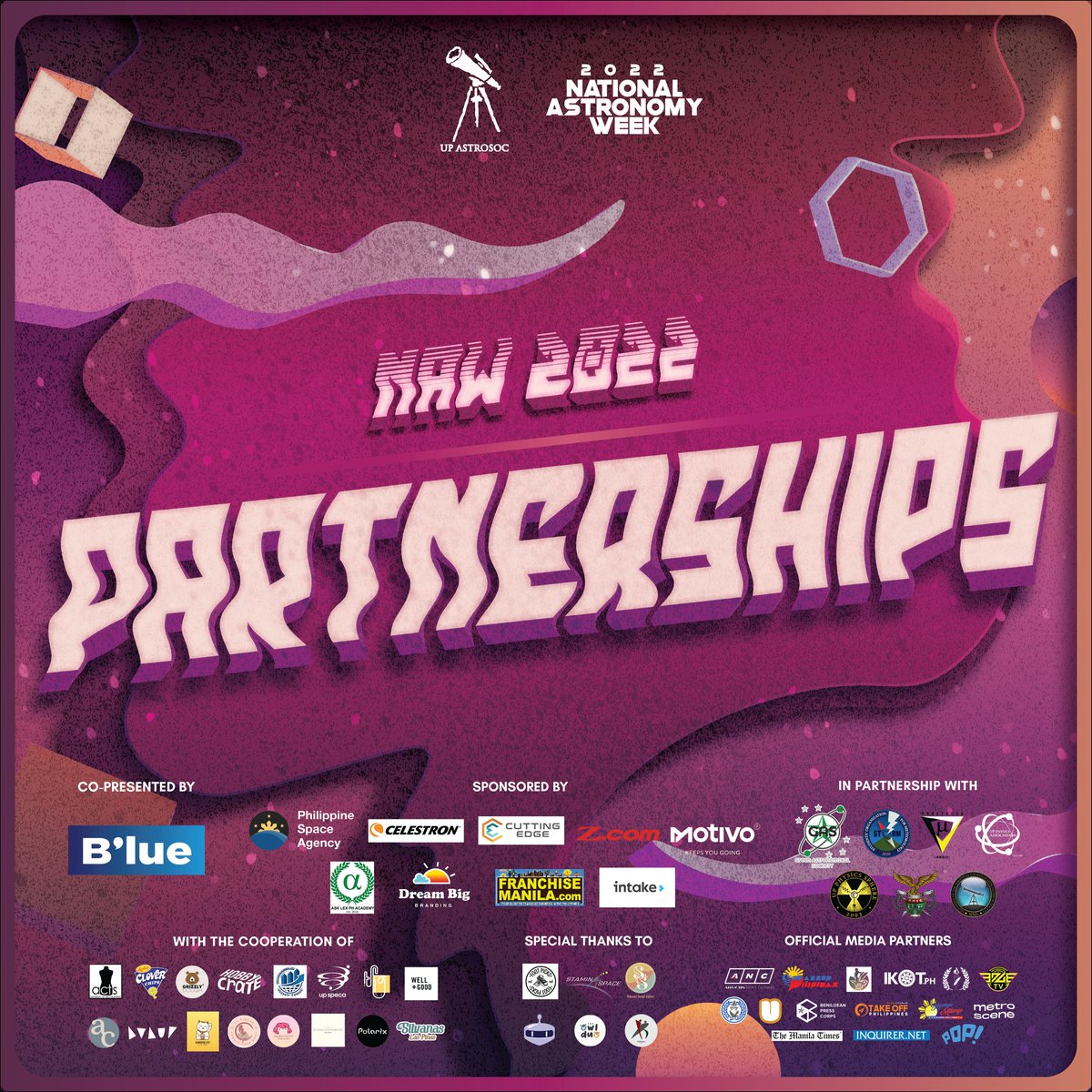 upastrosoc's tweet photo. UP AstroSoc would like to acknowledge and proudly present the company/brand sponsors and partner organizations who made this year’s celebration of National Astronomy Week: "Ma(g)laya(g) Tayo Sa Mga Tala" possible!

#NAWalaSaTala2022
#NAW2022 https://t.co/8KNaw7hGS8