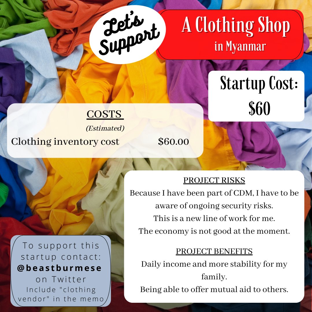 New 🧵for small business ventures for CDMers. All the previous projects and leftover cash have been transferred to Myanmar. We'll update their progress in a few months. New graphics by <a href="/randallbreanna/">Breanna Randall</a> 💕 Thank you so much everyone for funding them. #WhatsHappeningInMyanmar