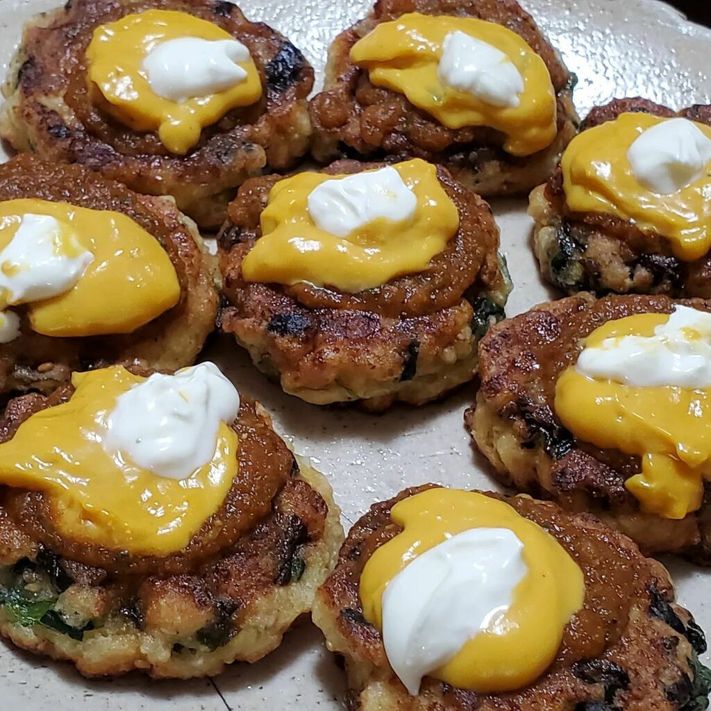 JasnTru's tweet photo. A few days ago. Working through leftovers. Tofu fritters with greens, sesame, egg, katakuriko. Topped with my chipotle salsa, jarred queso, sour cream. Would repeat. Grandpa ate a lot. #tofufritters #chipotlesalsa #豆腐ハンバーグ https://t.co/5m8ZN1Zrpm https://t.co/Sq8PMV1Mnq