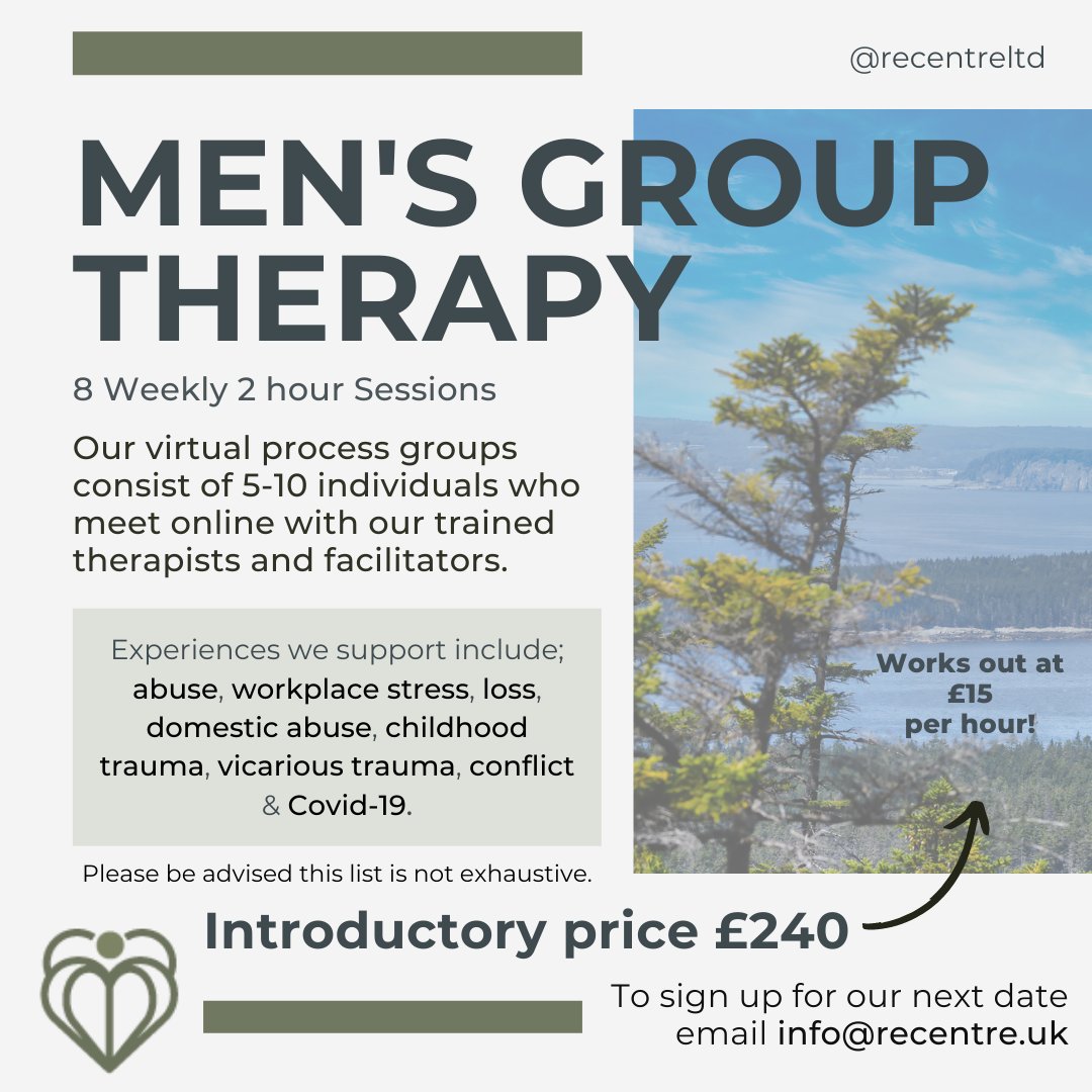 If you would like to sign up or just want some additional information, email us at info@recentre.uk or send us a private message.

#virtualgroups #mensmentalhealth #northernireland #menstherapy #thrivingaftertrauma #grouptherapy #childhoodtrauma #grouptherapyonline