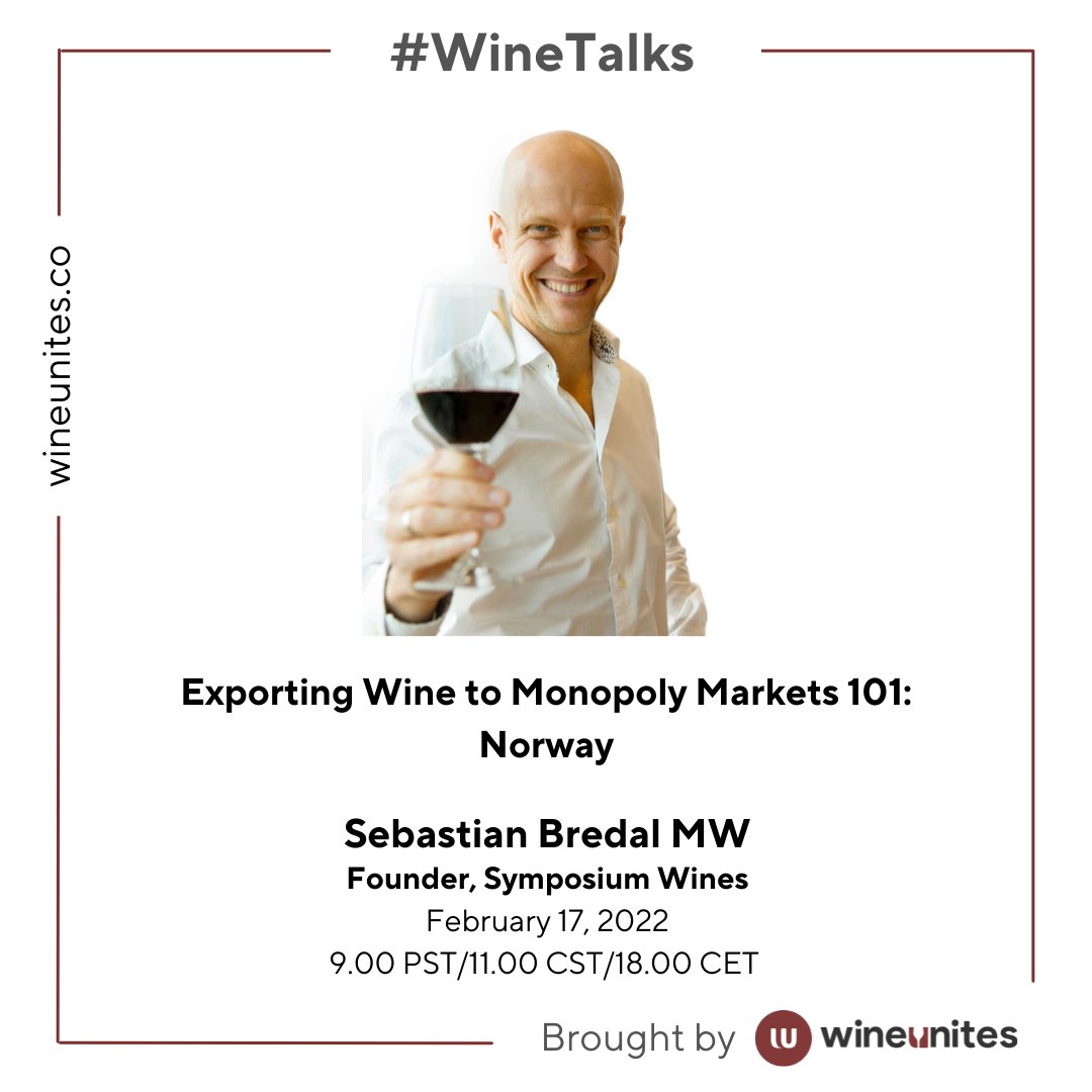 #WineTalks brings you Sebastian Bredal MW and Founder, Symposium Wines.

Sebastian will share his insights on introducing wine to monopoly markets, with Norway as an example.

Registrations: bit.ly/3GyQwUQ

#wineunites #winetalks #masterofwine #exportingwine #norway