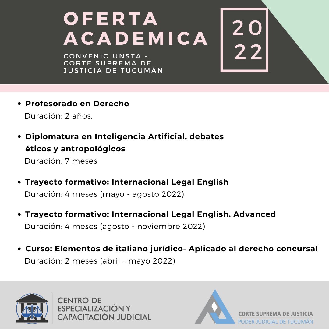 CECJtucuman's tweet photo. El @Cecjtucuman invita a los integrantes del Poder Judicial de Tucumán a sumarse a la oferta académica suscrita por Convenio entre la Corte Suprema de Justicia de Tucumán y la @unsta para el 2022.
.
#UNSTA #Tucuman #ofertaacadémica2022 #beneficiosexclusivos https://t.co/tIamamXSjG