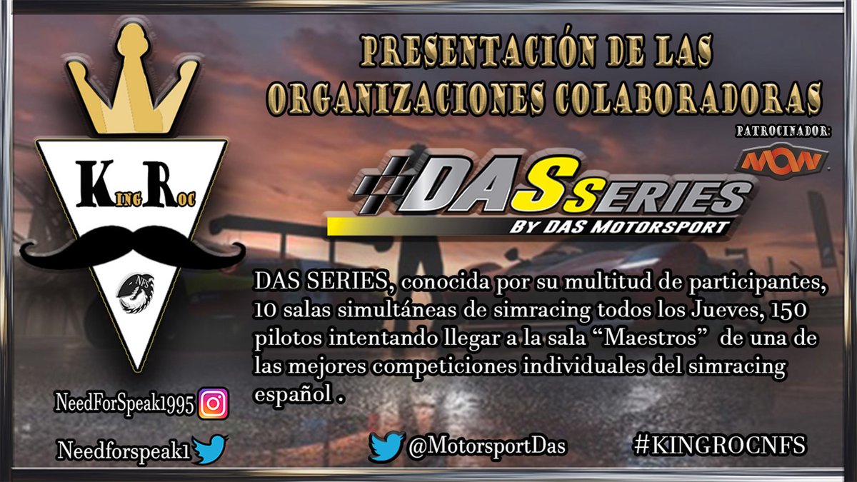 Presentación de colaboradores:

 La 2a en presentar es <a href="/MotorsportDas/">DAS Motorsport | #beDAS</a>, la vigente campeona de la 1a KING ROC vuelve para defender su titulo👑💪

⬇️Fecha del evento⬇️

Domingo 20 de febrero, de 17:00 a 22:00👑

#KINGROCNFS