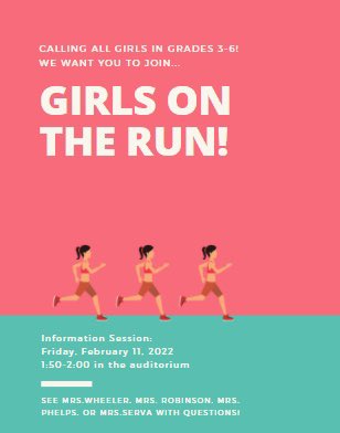 stephrwheeler's tweet photo. Info meeting about Girls on the Run this Friday! Hope to see some of our MES girls there!! 🧡🏃🏼‍♀️🖤 https://t.co/xCSFzujCzW