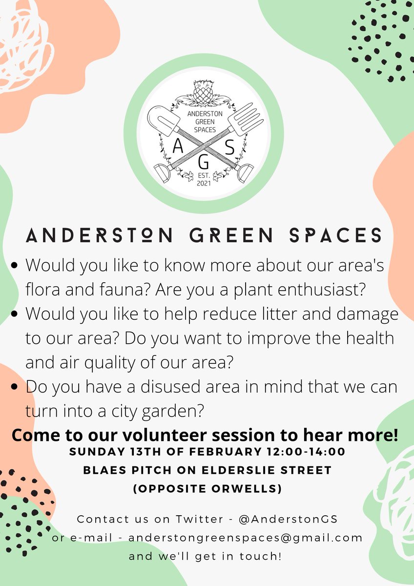 Come join us on Sunday 13th to help! We will be raking, bagging and storing leaves, clearing litter, pruning shrubs and removing dead wood from the Elderslie street side of the Blaes Pitch. We hope to see you there! #PeopleMakeAnderston #LetAnderstonFlourish 💚🌿