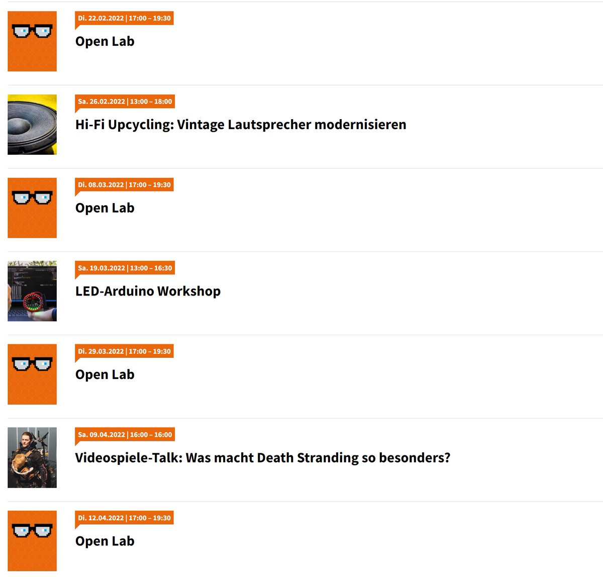 Nicht vergessen: heute ab 17 Uhr ist Open Lab ... außerdem stehen alle Lab-Termine bis April: u.a. ein LED-Workshop, Upcycling-Workshop und ein Talk zum Videospiel Death Stranding: stay tuned :)