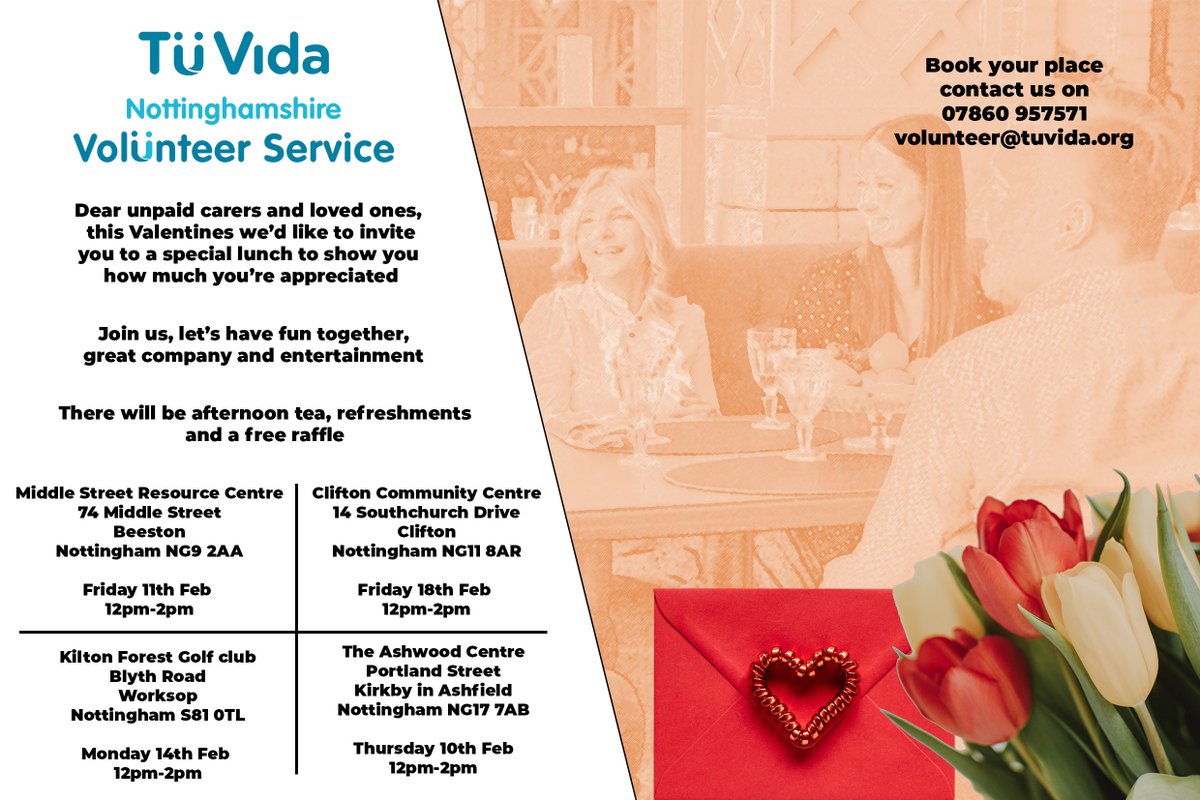 BCVSINVOLVE's tweet photo. Unpaid carers and loved ones Join Tu Vida for a Valentine's Lunch https://t.co/WKpK2sS8mw