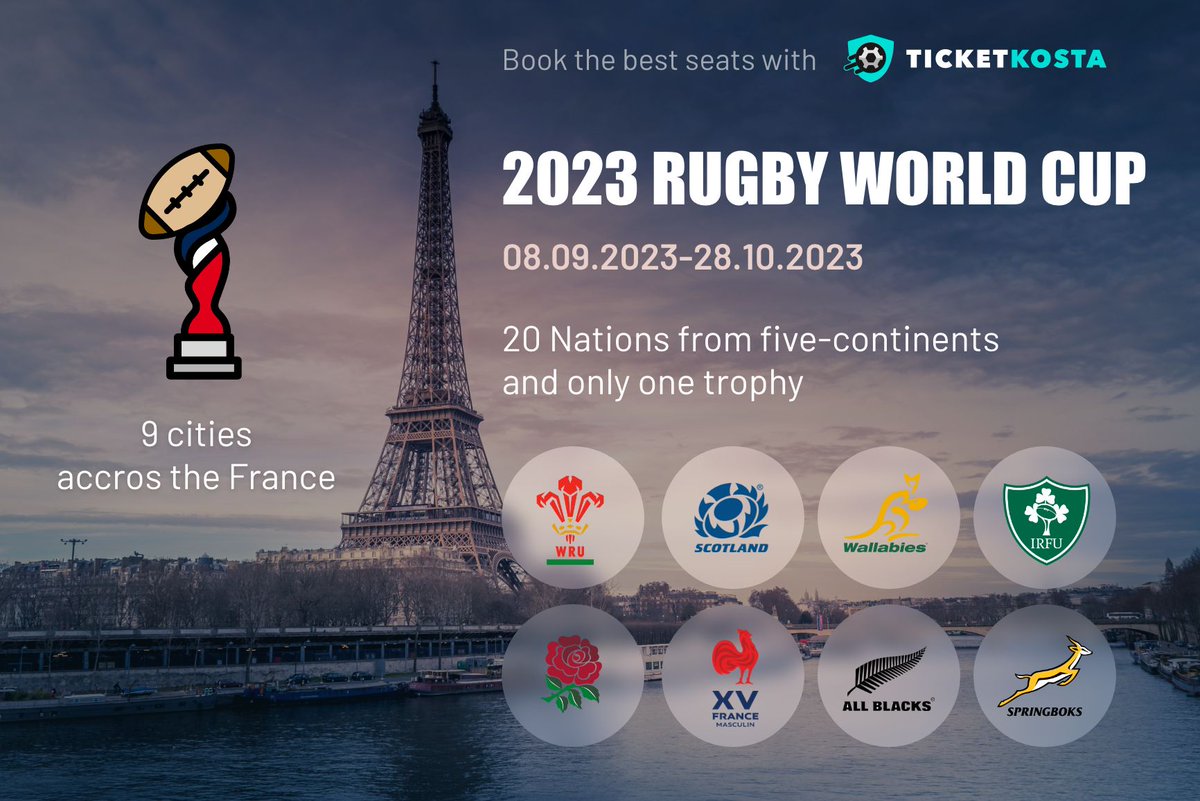 ticketkosta's tweet photo. #Rugbyworldcup🌍 will be back to EU after8⃣ years of absence, 2⃣0⃣ National teams from5⃣ continents will compete for this prestigious trophy across the France with a final at the famous #stadedefrance  stadium 🇫🇷🎟Don't miss out! Book online here now https://t.co/vhwLo5wIyK https://t.co/ut9xFehjVT