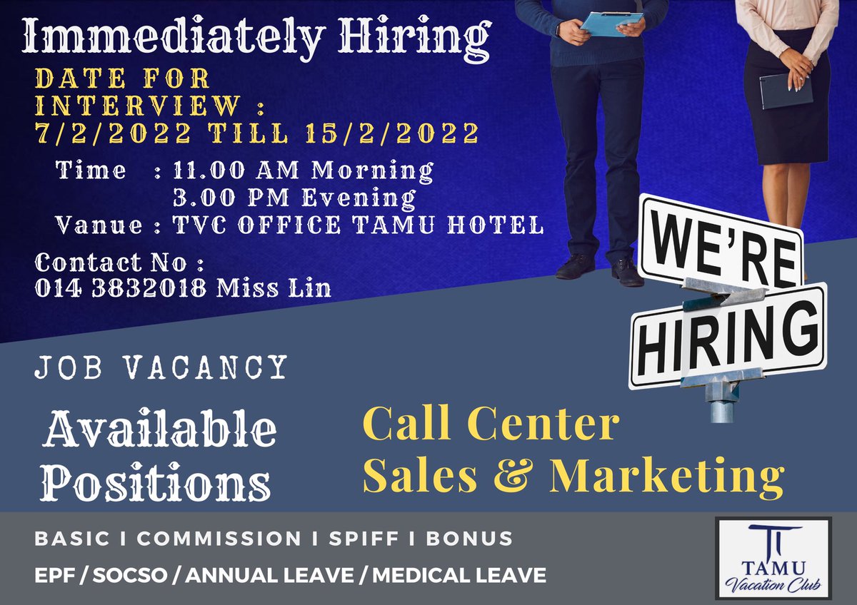 RynnYusuff's tweet photo. ‼️Peluang bersama Zikay Group Kuala Lumpur 2022‼️

OPEN INTERVIEW 

✅Position: Vacation Consultant 
✅Traning : Provided 
✅minimum SPM (Fresh graduates di alu-alukan) @ experience in sales 

📅7/2/2022 till 15/2/2022
🕑Time interview: 11.00 am - 3.00 pm 

💬 01112273637 anis https://t.co/if1Ot8ETKK