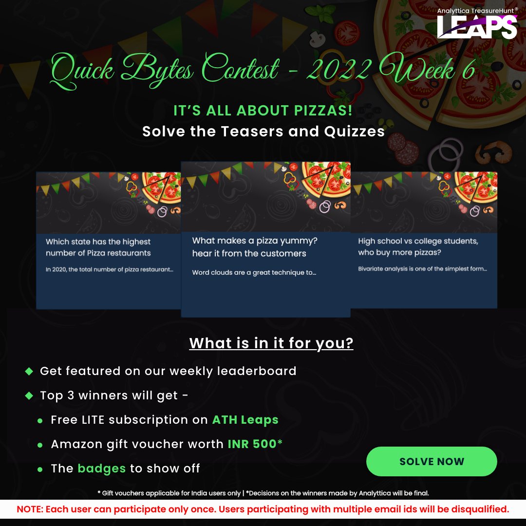 Analyttica's tweet photo. Solve📝and Win🏆
We are back with our next Quickbytes on ‘It’s All About Pizzas’ Participate and get a chance to win Amazon vouchers worth INR 500 and free LEAPS subscription. Enroll now 👉https://t.co/ieAj0aGwkd

#analytics #machinelearning #datascience #pizza https://t.co/cSNHTIdBgz