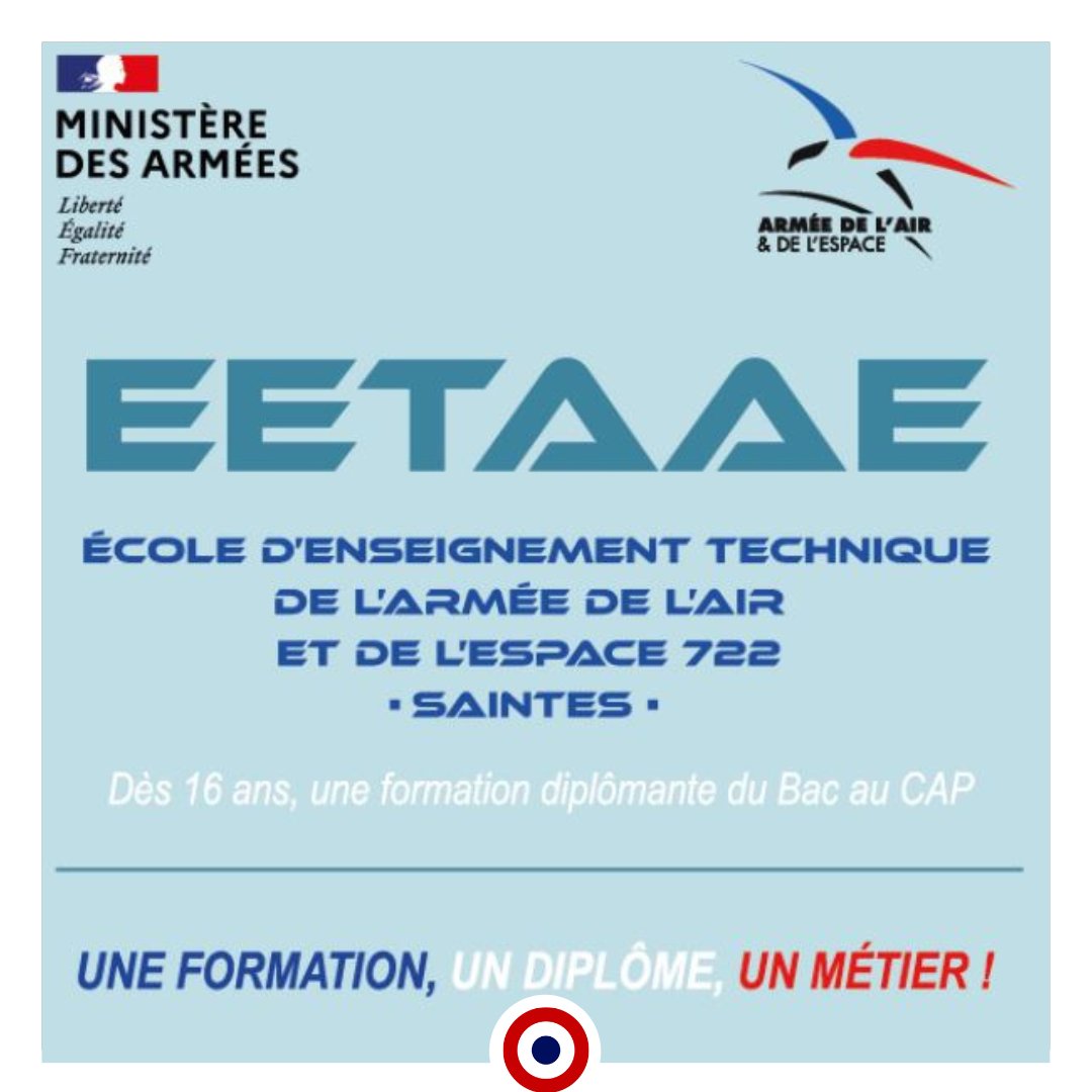 Les inscriptions pour l'EETAAE de Saintes sont ouvertes!!! De nombreuses formations sont proposées : BAC Général, STI2D, Pro (Aéro ou SN) et CAP. Rdv sur eetaa722.fr . Plus d'infos au 01 39 25 92 19 ou via le site internet devenir-aviateur.