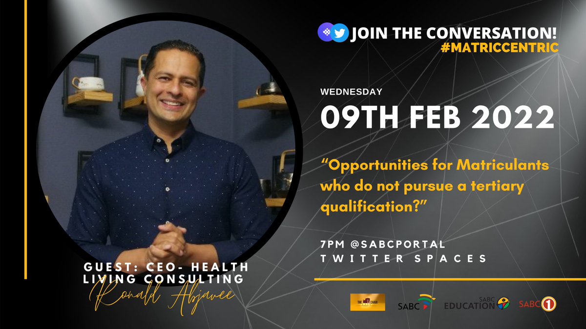 thechairsabc1's tweet photo. Join The Chair's @mpho_monareng &amp; @madelein, @AffinityHuman CEO @daisy24501315 &amp; MyHealth360 CEO @ronaldabvajee on @SABCPortal Spaces- tomorrow at 7pm!
Topic: “Opportunities for #Matriculants who do not pursue a tertiary qualification?”

#MatricCentric #TheChairSabc1 #Classof2021 https://t.co/17bh2i6w8r