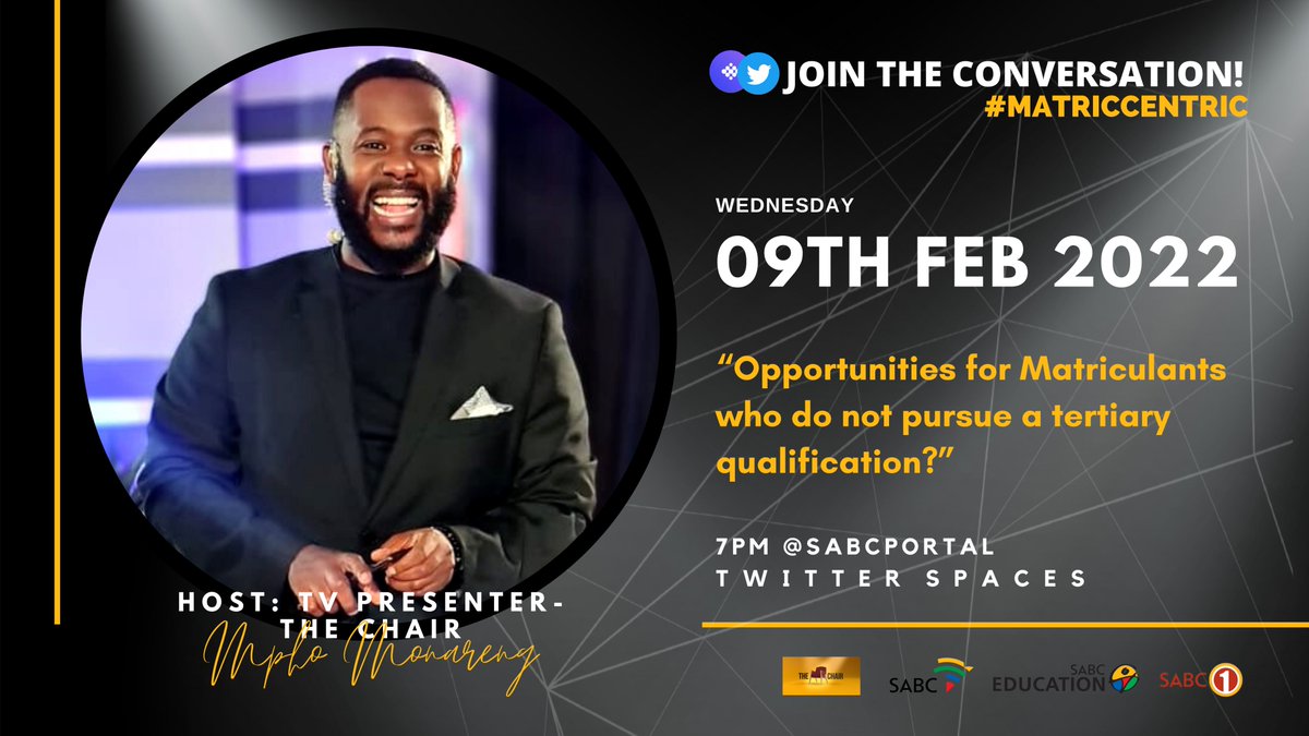 thechairsabc1's tweet photo. Join The Chair's @mpho_monareng &amp; @madelein, @AffinityHuman CEO @daisy24501315 &amp; MyHealth360 CEO @ronaldabvajee on @SABCPortal Spaces- tomorrow at 7pm!
Topic: “Opportunities for #Matriculants who do not pursue a tertiary qualification?”

#MatricCentric #TheChairSabc1 #Classof2021 https://t.co/17bh2i6w8r