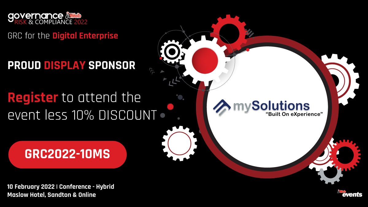 mySolutions will be at the #ITWebGRC2022 conference on the 10th Feb 2022 - leverage new technologies to future-proof governance, risk mitigation and compliance strategies and initiatives. Register with our code GRC2022-10MS for a 10% discount #mySolutions #GRC #OpenPages