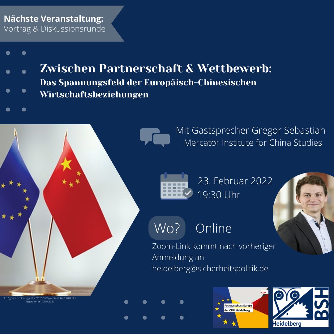 ASH_SiPo's tweet photo. Am Mittwoch, 23. Februar um 19:30 Uhr diskutieren wir gemeinsam mit @gregor_seb (@merics_eu ) im Rahmen einer Online-Veranstaltung über die #Wirtschaftsbeziehungen zwischen der #EU 🇪🇺 und der VR #China🇨🇳.
Anmeldung per Mail an heidelberg@sicherheitspolitik.de https://t.co/xYD4iqZEXG